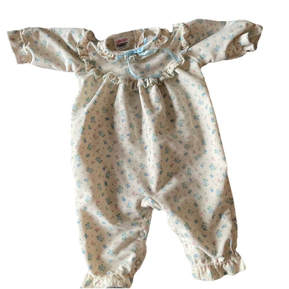 Vintage Little Ones Ivory Pink Blue Flowered Ruffled Baby Girls Romper 3 Months